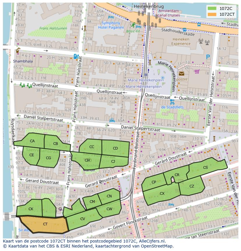 Afbeelding van het postcodegebied 1072 CT op de kaart.