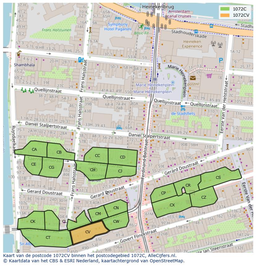 Afbeelding van het postcodegebied 1072 CV op de kaart.