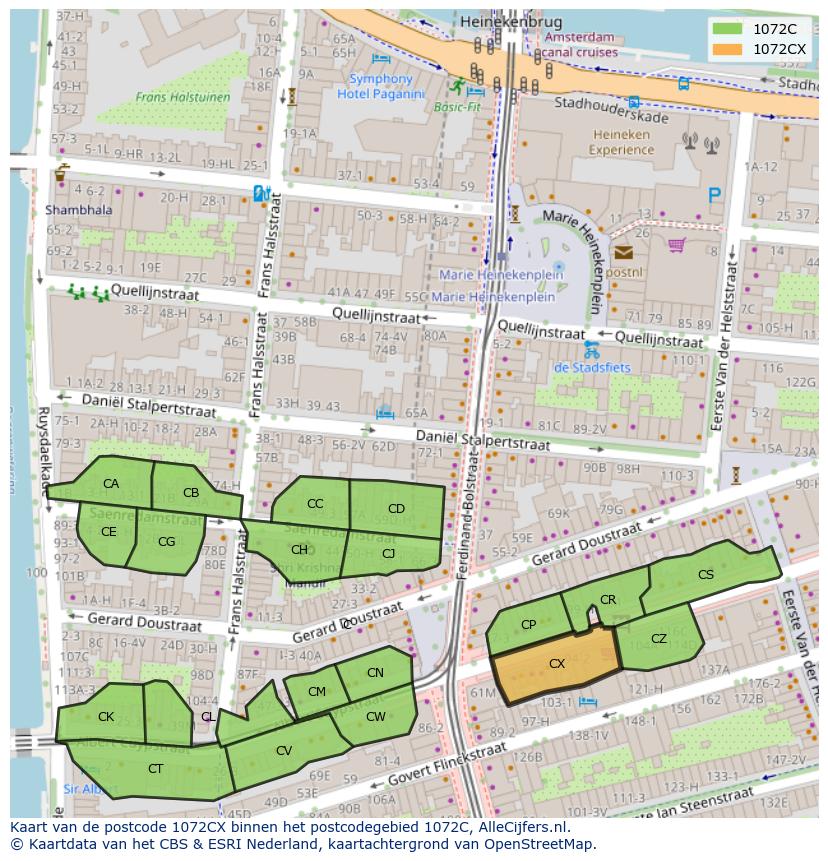 Afbeelding van het postcodegebied 1072 CX op de kaart.