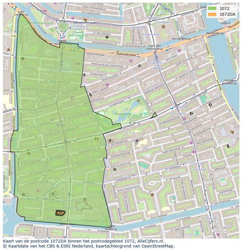 Afbeelding van het postcodegebied 1072 DA op de kaart.