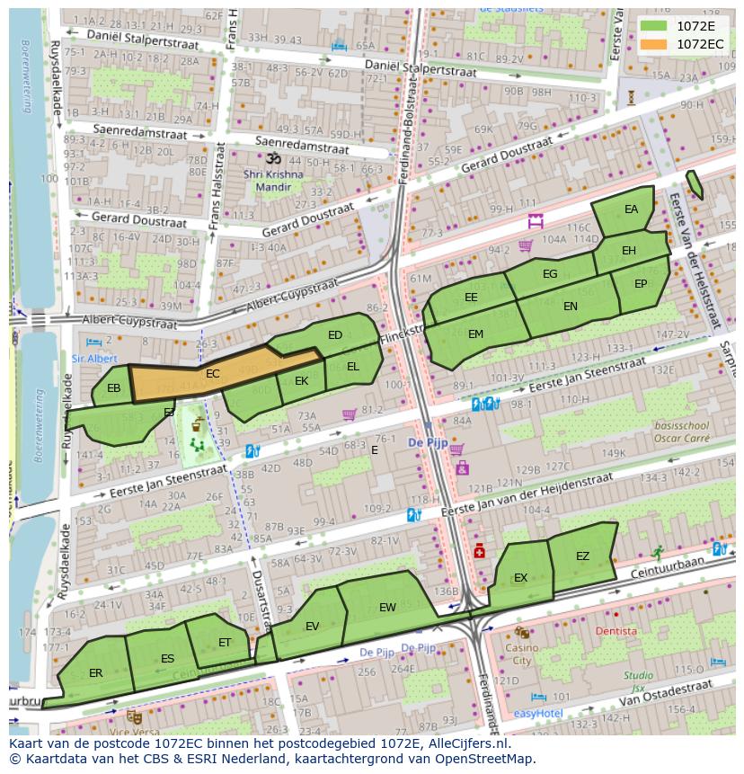 Afbeelding van het postcodegebied 1072 EC op de kaart.