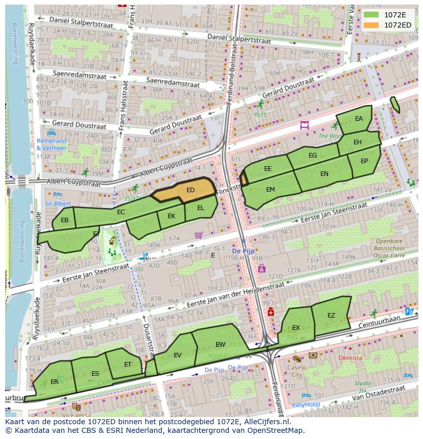 Afbeelding van het postcodegebied 1072 ED op de kaart.