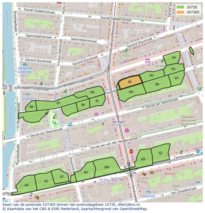 Afbeelding van het postcodegebied 1072 EE op de kaart.
