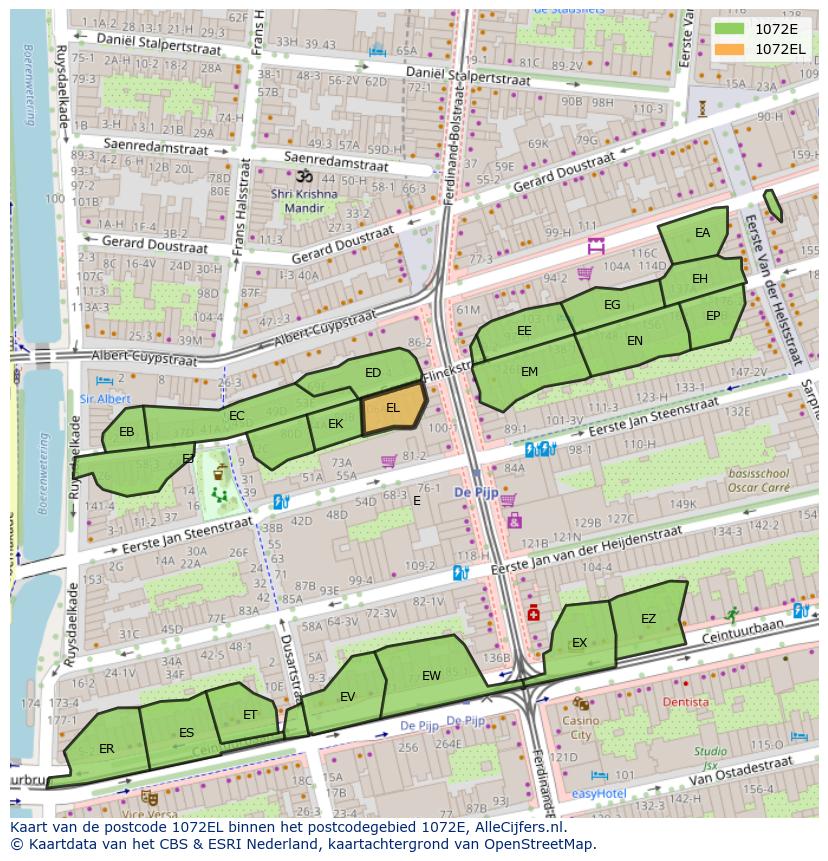 Afbeelding van het postcodegebied 1072 EL op de kaart.