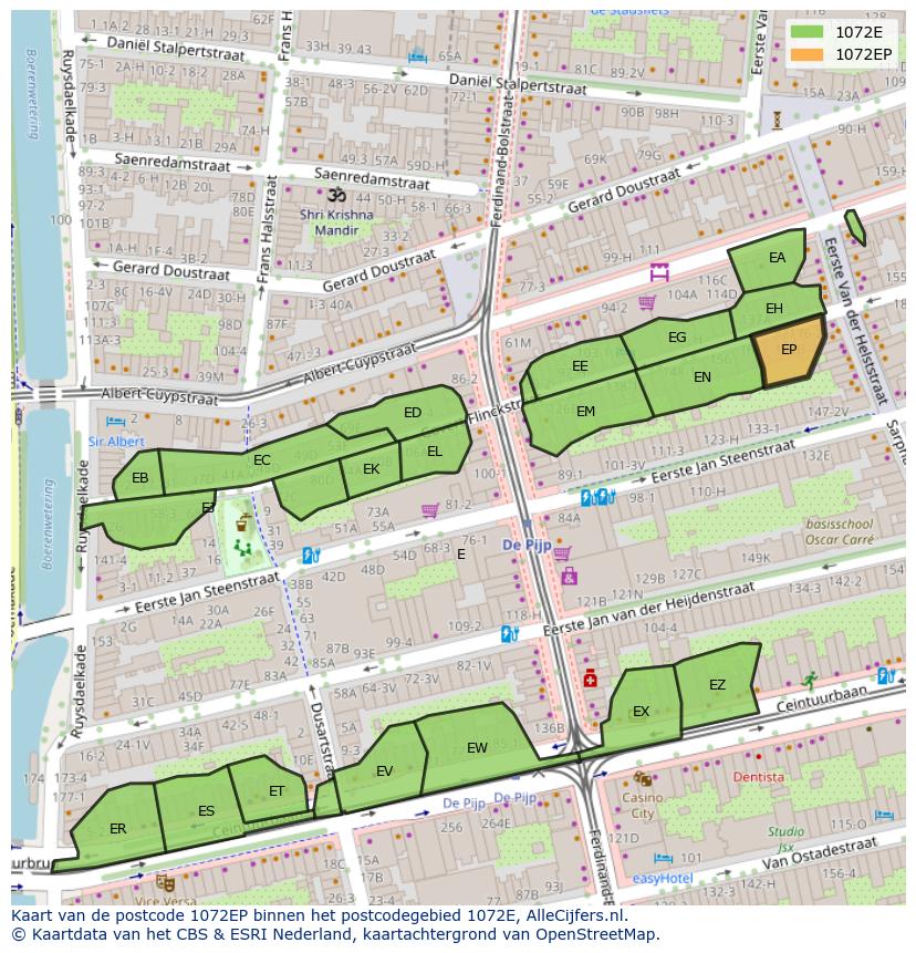 Afbeelding van het postcodegebied 1072 EP op de kaart.