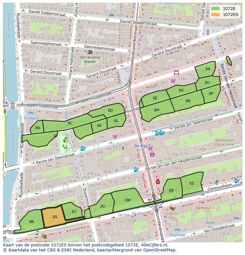 Afbeelding van het postcodegebied 1072 ES op de kaart.