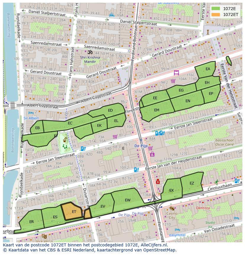 Afbeelding van het postcodegebied 1072 ET op de kaart.