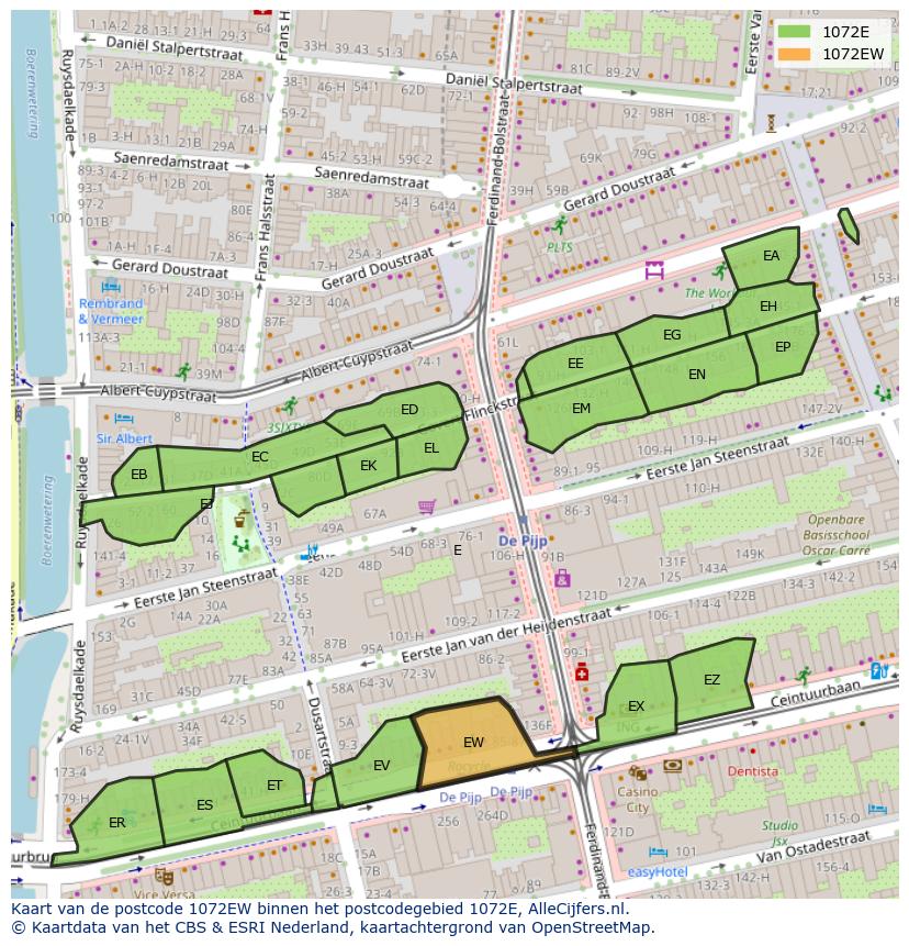 Afbeelding van het postcodegebied 1072 EW op de kaart.