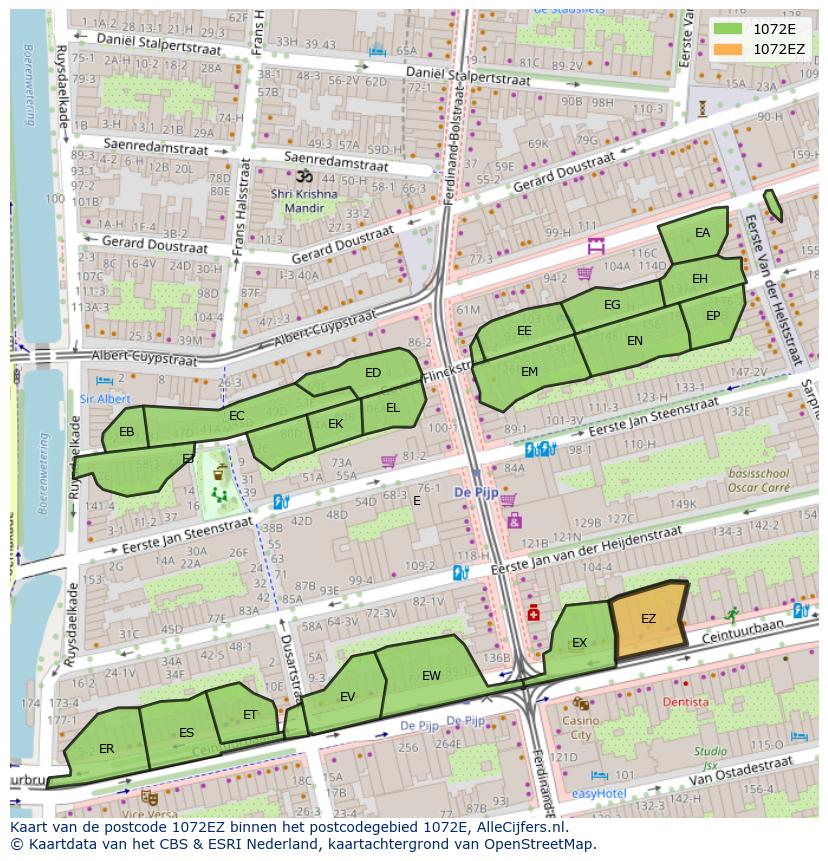 Afbeelding van het postcodegebied 1072 EZ op de kaart.