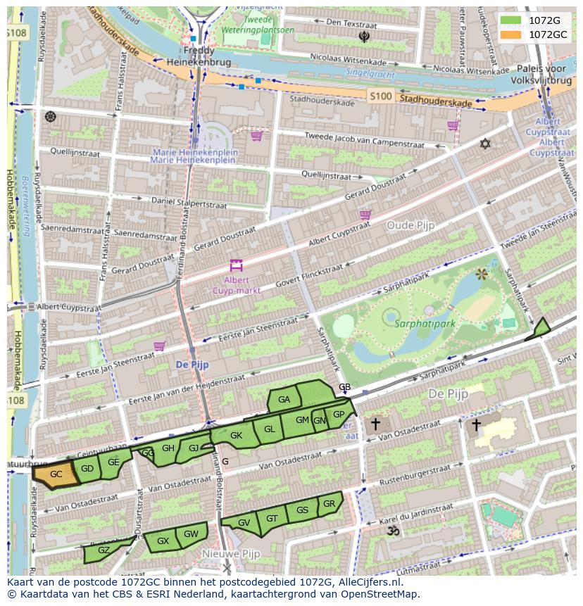 Afbeelding van het postcodegebied 1072 GC op de kaart.