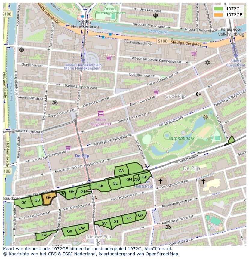 Afbeelding van het postcodegebied 1072 GE op de kaart.