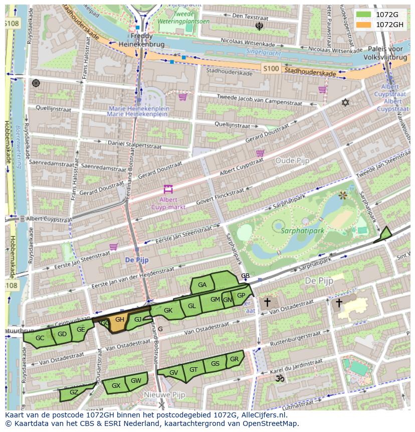 Afbeelding van het postcodegebied 1072 GH op de kaart.