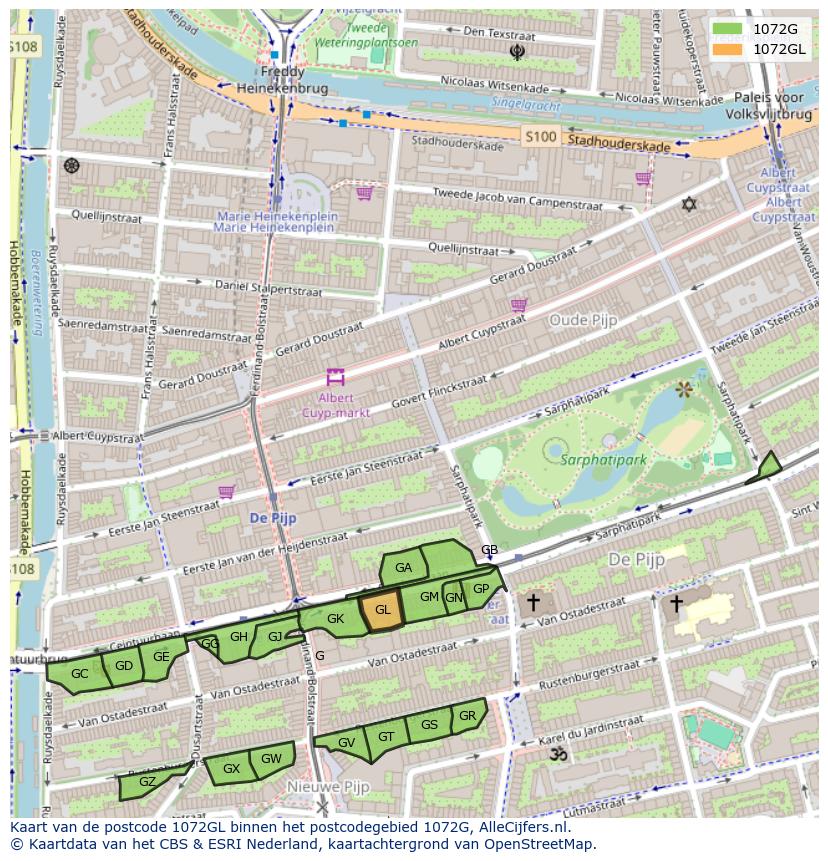 Afbeelding van het postcodegebied 1072 GL op de kaart.