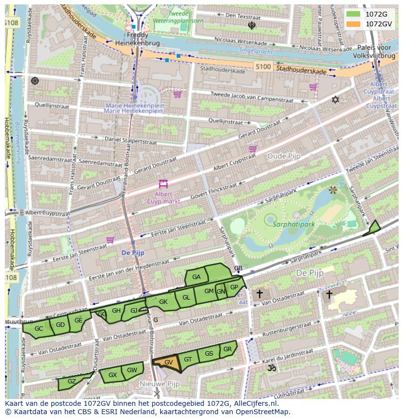 Afbeelding van het postcodegebied 1072 GV op de kaart.