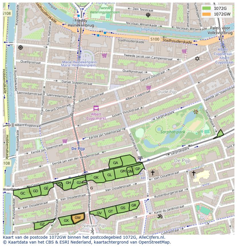 Afbeelding van het postcodegebied 1072 GW op de kaart.