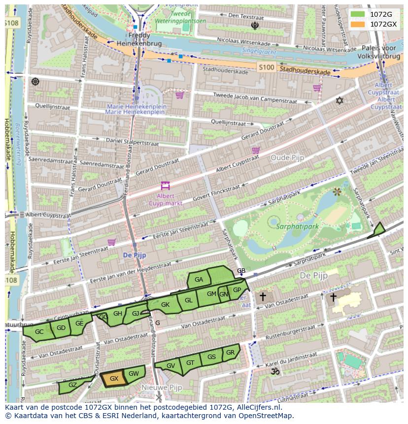 Afbeelding van het postcodegebied 1072 GX op de kaart.