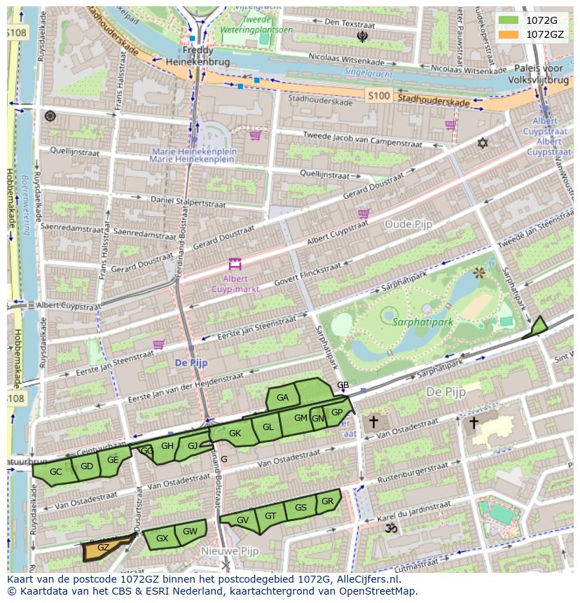 Afbeelding van het postcodegebied 1072 GZ op de kaart.