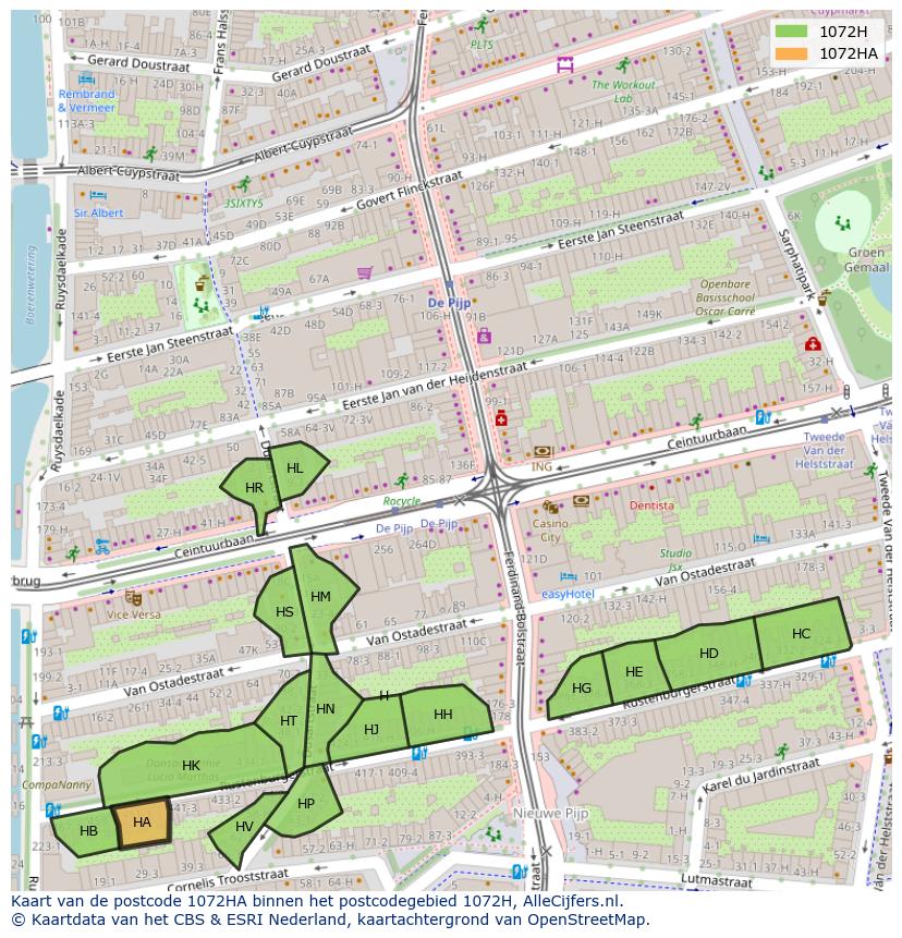 Afbeelding van het postcodegebied 1072 HA op de kaart.