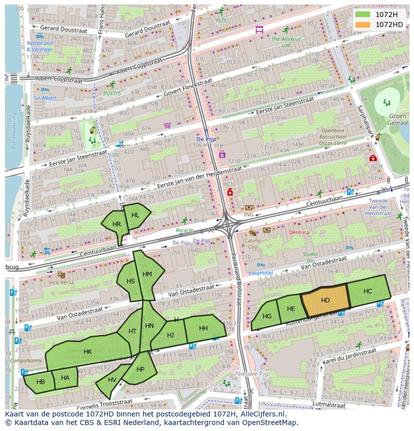 Afbeelding van het postcodegebied 1072 HD op de kaart.