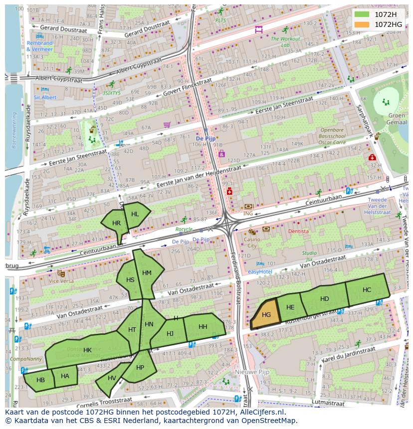 Afbeelding van het postcodegebied 1072 HG op de kaart.