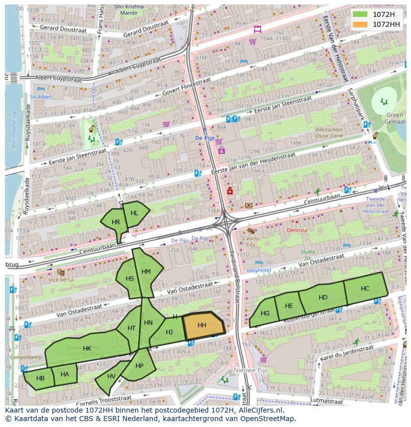 Afbeelding van het postcodegebied 1072 HH op de kaart.