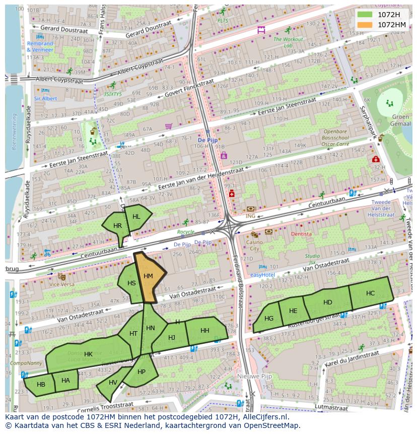 Afbeelding van het postcodegebied 1072 HM op de kaart.