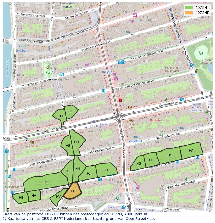 Afbeelding van het postcodegebied 1072 HP op de kaart.
