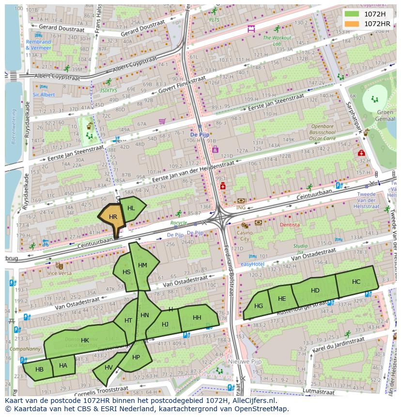 Afbeelding van het postcodegebied 1072 HR op de kaart.