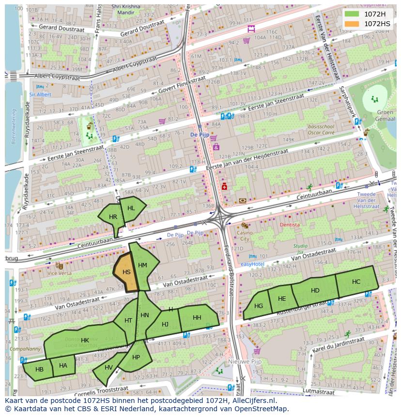 Afbeelding van het postcodegebied 1072 HS op de kaart.