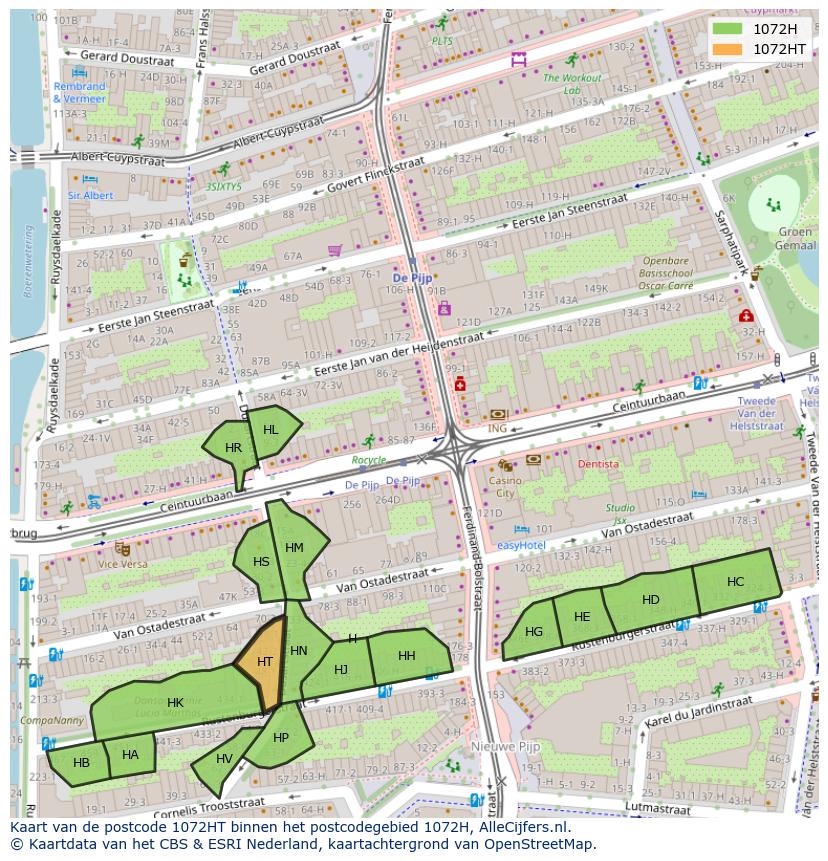 Afbeelding van het postcodegebied 1072 HT op de kaart.