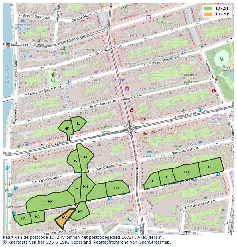 Afbeelding van het postcodegebied 1072 HV op de kaart.
