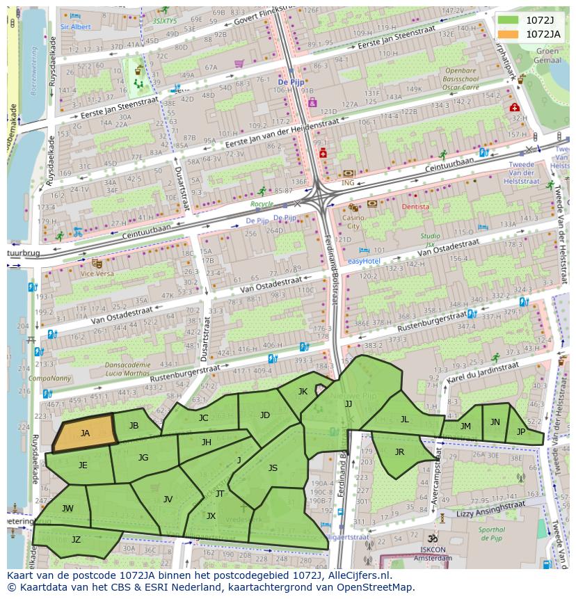 Afbeelding van het postcodegebied 1072 JA op de kaart.