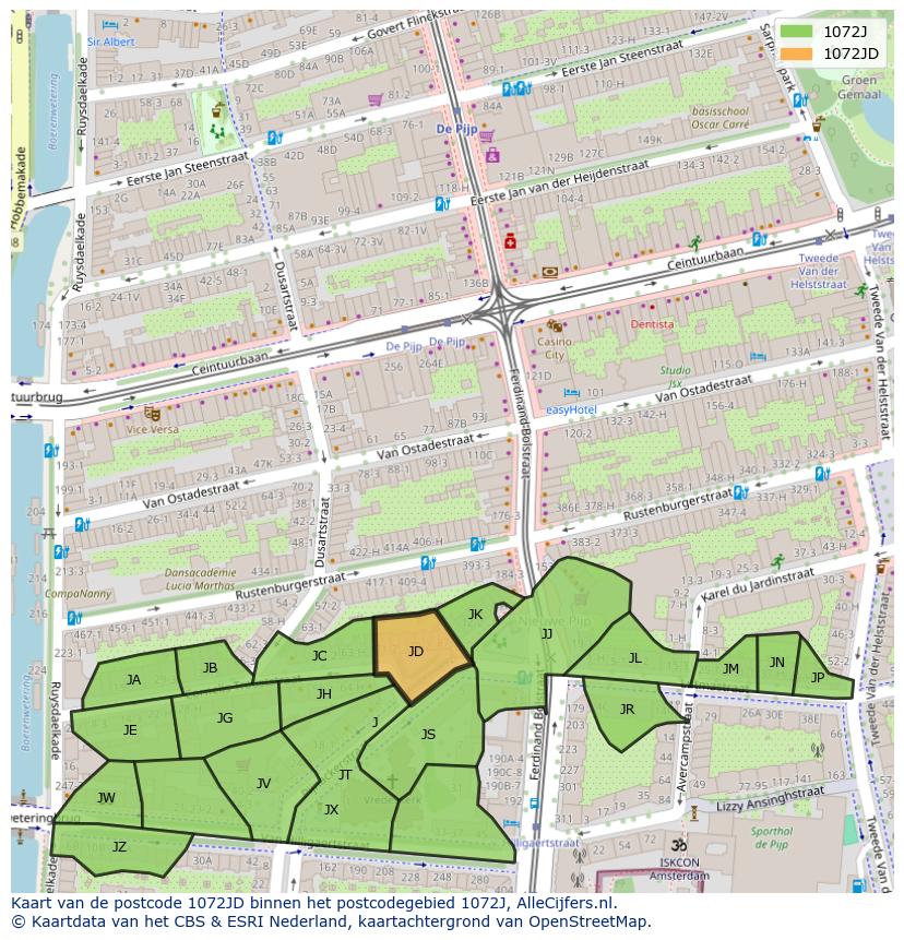 Afbeelding van het postcodegebied 1072 JD op de kaart.