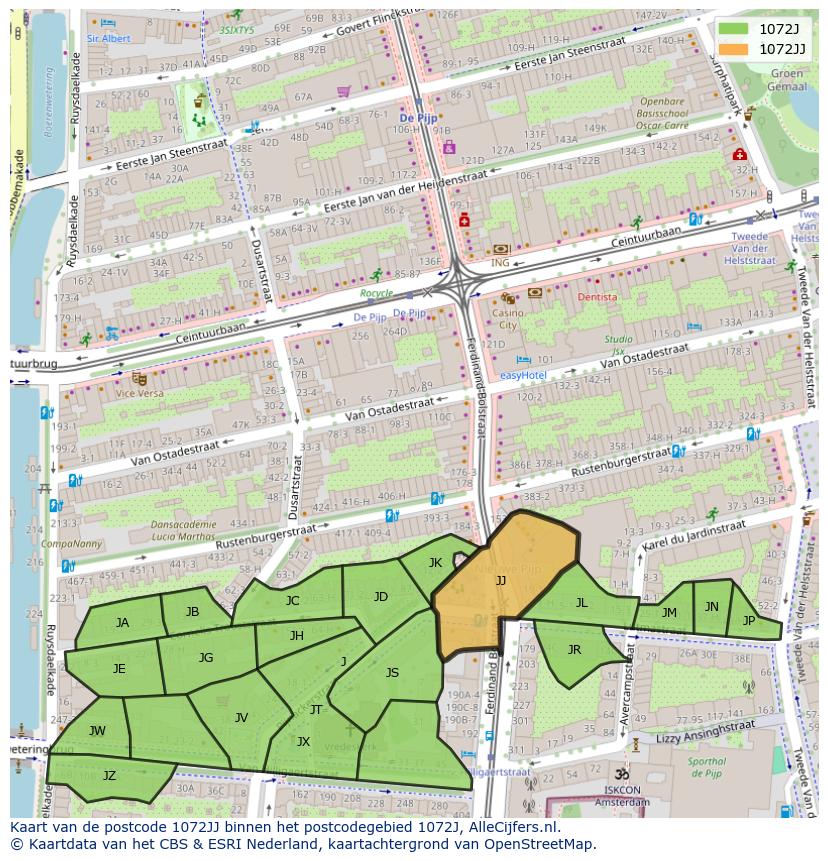 Afbeelding van het postcodegebied 1072 JJ op de kaart.