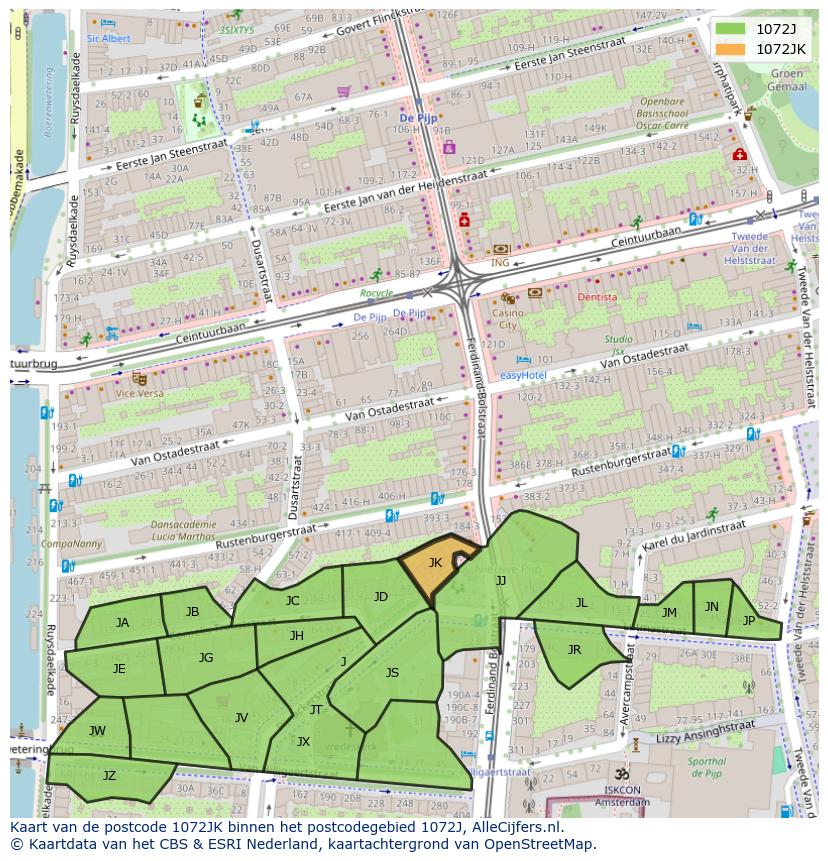 Afbeelding van het postcodegebied 1072 JK op de kaart.
