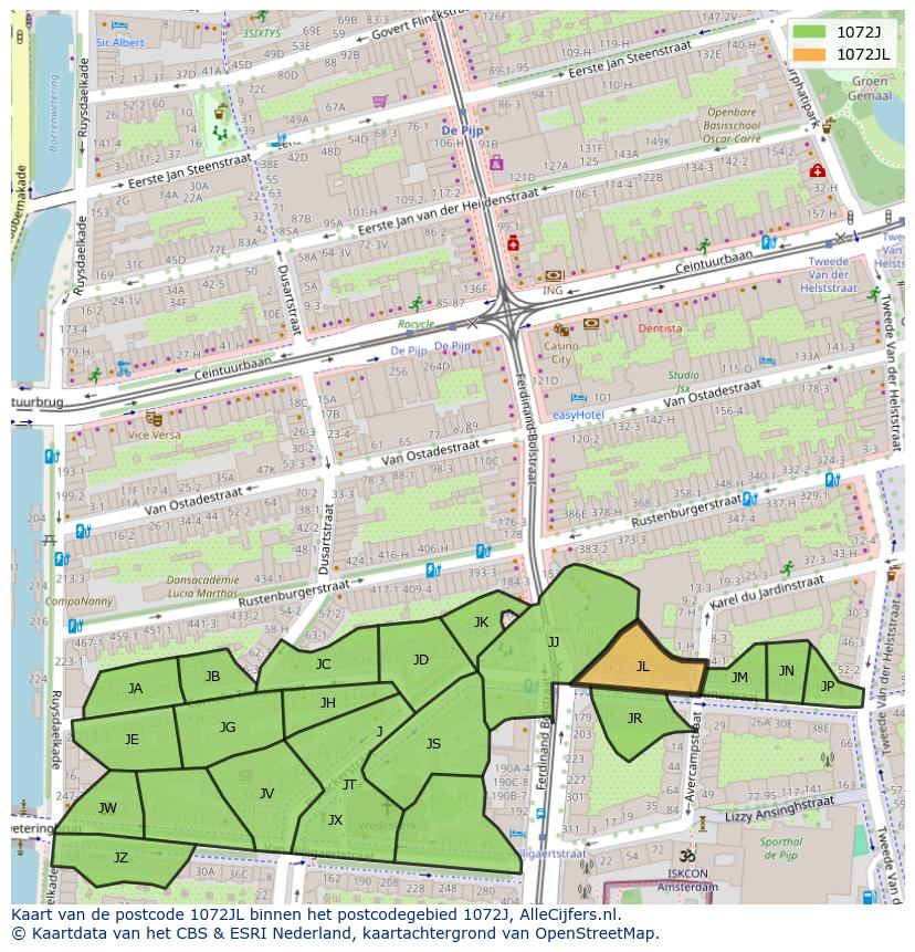Afbeelding van het postcodegebied 1072 JL op de kaart.