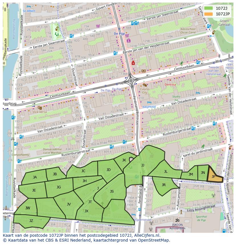 Afbeelding van het postcodegebied 1072 JP op de kaart.