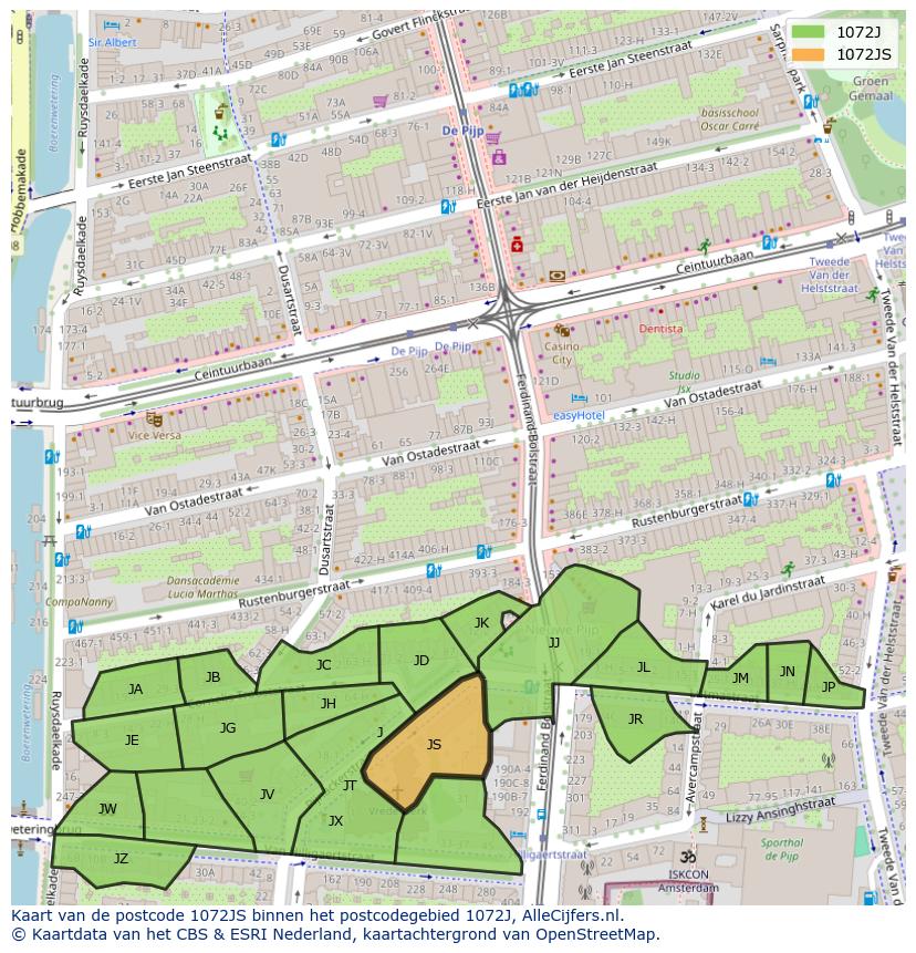 Afbeelding van het postcodegebied 1072 JS op de kaart.