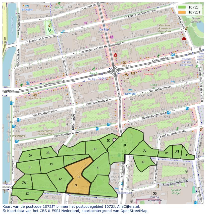 Afbeelding van het postcodegebied 1072 JT op de kaart.