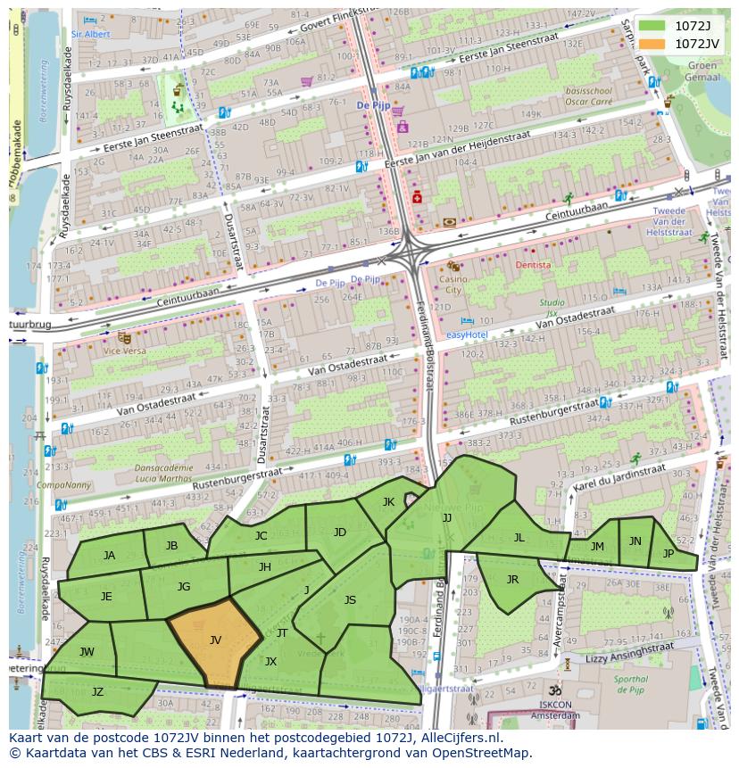 Afbeelding van het postcodegebied 1072 JV op de kaart.