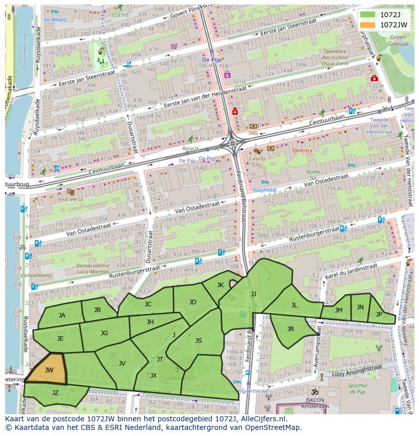 Afbeelding van het postcodegebied 1072 JW op de kaart.