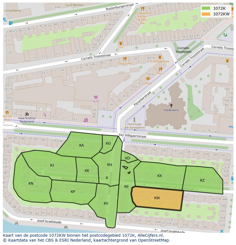 Afbeelding van het postcodegebied 1072 KW op de kaart.