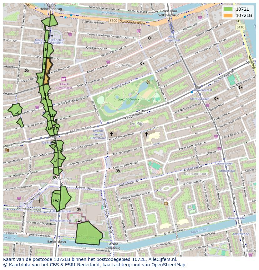 Afbeelding van het postcodegebied 1072 LB op de kaart.