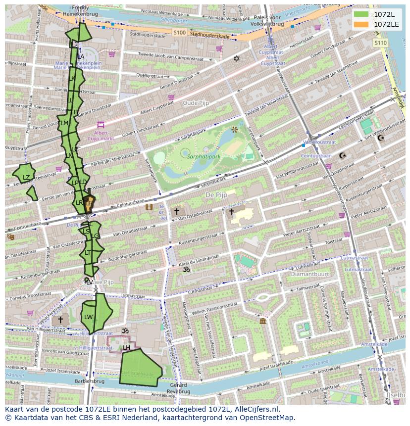 Afbeelding van het postcodegebied 1072 LE op de kaart.