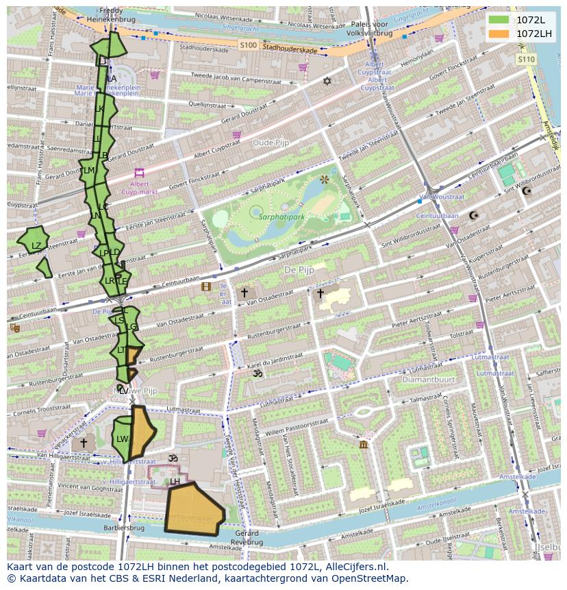 Afbeelding van het postcodegebied 1072 LH op de kaart.