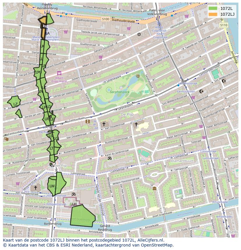 Afbeelding van het postcodegebied 1072 LJ op de kaart.
