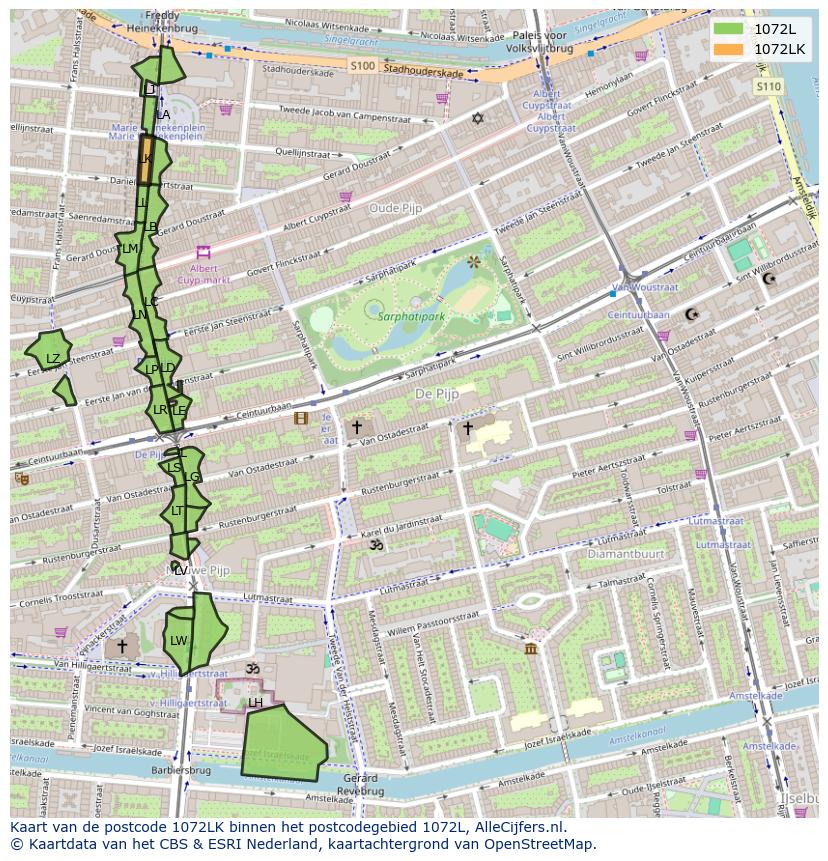 Afbeelding van het postcodegebied 1072 LK op de kaart.