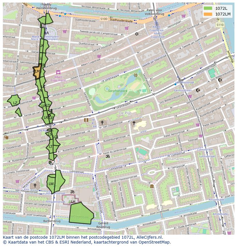 Afbeelding van het postcodegebied 1072 LM op de kaart.