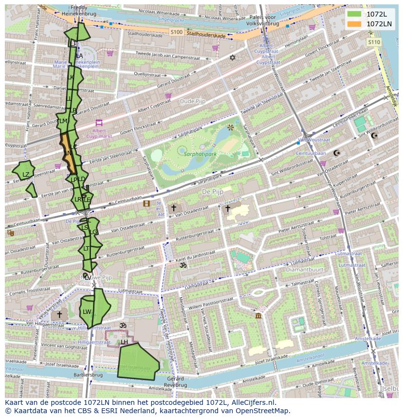 Afbeelding van het postcodegebied 1072 LN op de kaart.