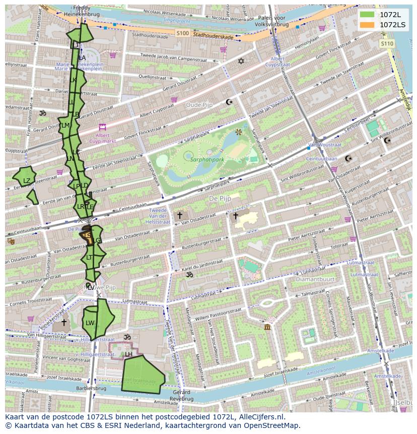 Afbeelding van het postcodegebied 1072 LS op de kaart.